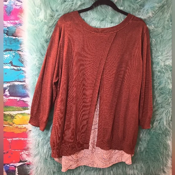 Dalia Rusty Brown Crew Neck Long 3/4 Sleeve Layered Top Size 1X - Picture 6 of 11